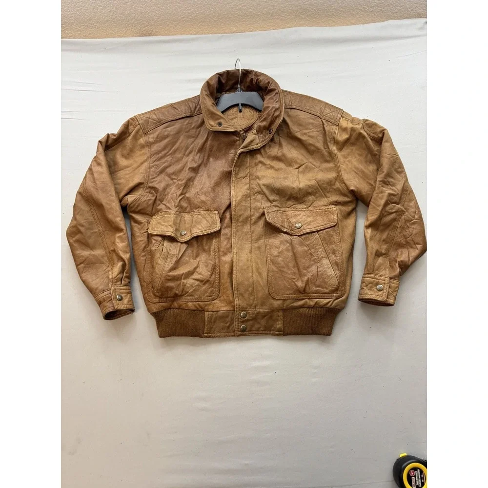Hunting Horn Classics Mens Brown Leather Bomber Jacket Vintage Coat Size M